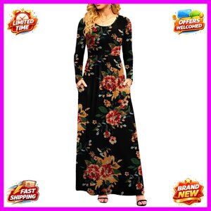 Long Sleeve Maxi Dress with Pockets, Empire Waist, Soft Stretch Fabric